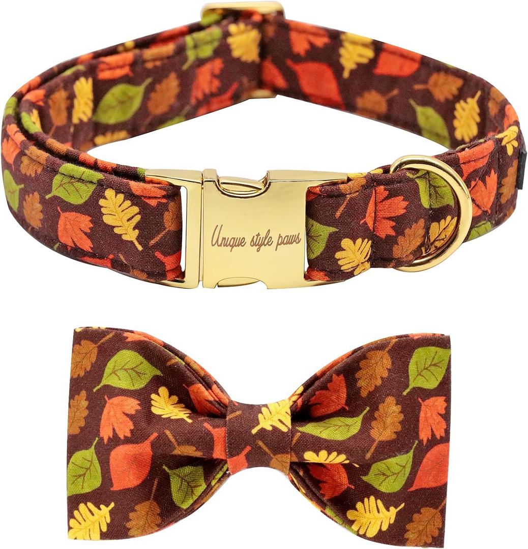 Unique style paws Fall Dog Collar with Bow, Puppy Collar Pet Gift Adjustable Dog Collar Soft and Comfy Bowtie Collars for Large Girl or Boy Dogs (XL, mapleleaf)