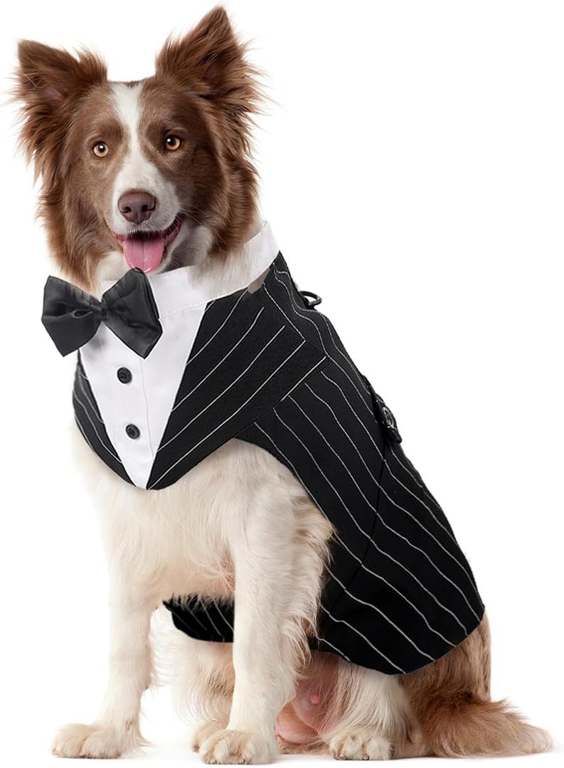 Kuoser Dog Tuxedo Dog Suit and Bandana Set, Dogs Tuxedo Wedding Party Suit, Doggy Prince Bow Tie Shirt Formal Pet Wedding Attire for Large Medium and Small Dogs Golden Retriever Samo Bulldogs (XX-Large (pack of 1), Black Stripe)