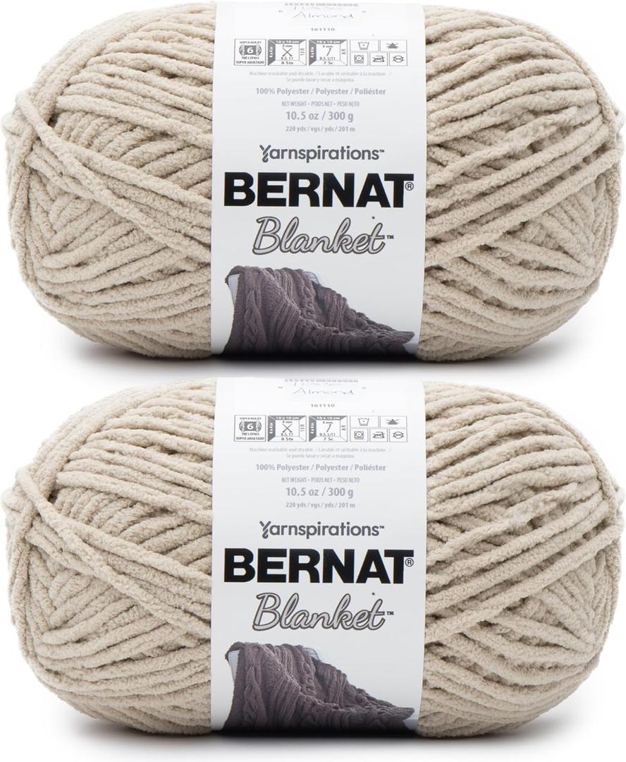 Bernat Blanket Super Bulky Acrylic Yarn - 2 Pack of 300g/10.5oz #6 Chunky Chenille Heavy Weight Yarn for Knitting and Crocheting, Amigurumi, Thick Blankets (Almond, 220 Yards 2-Pack)