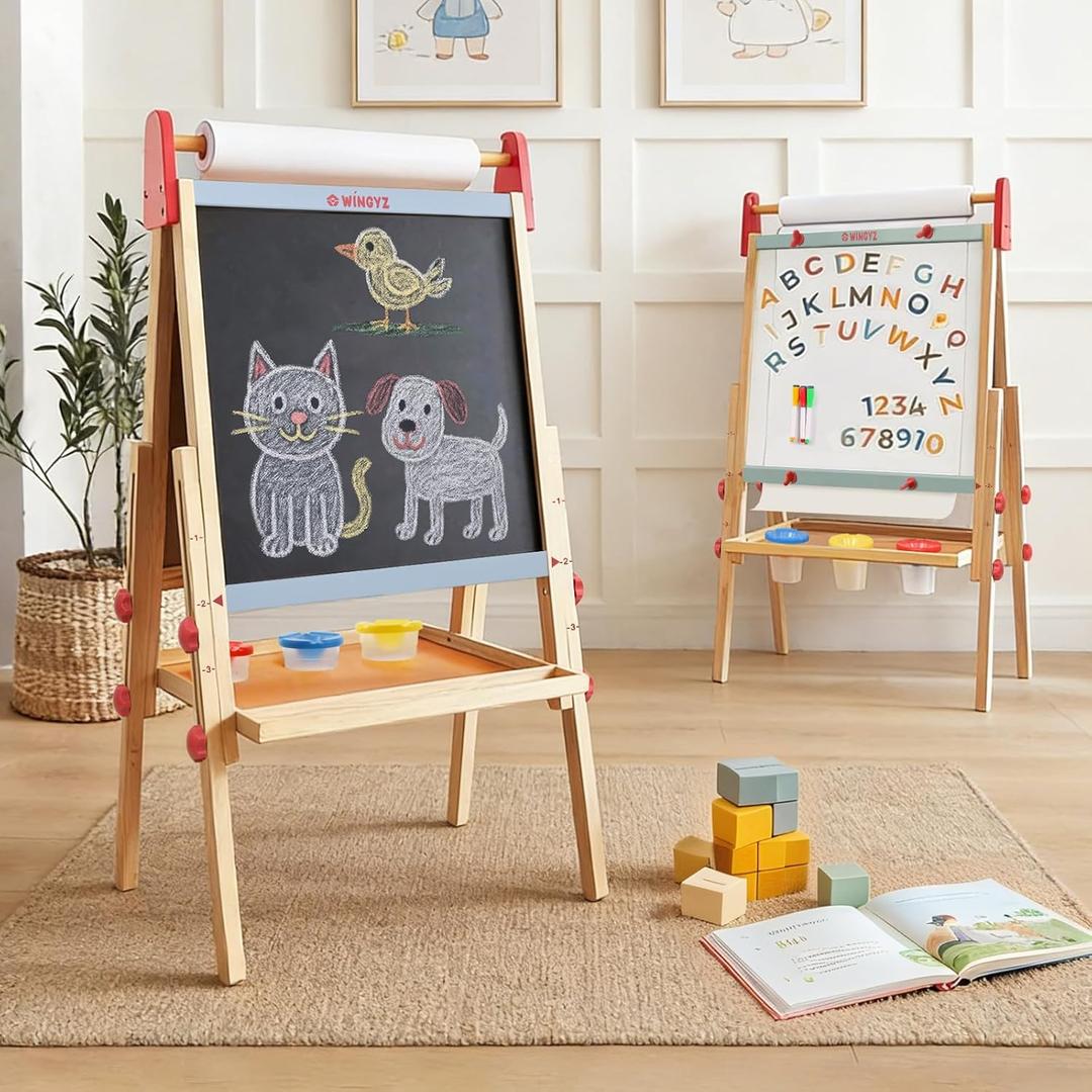 WINGYZ 3-in-1 Art Easel for Kids Sturdy Pine Wood Easel with Magnetic Whiteboard, Chalkboard & 400" Paper Roll, Foldable Adjustable Heights for Ages 2-12, Complete Tool-Free Art Station