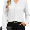 Womens Tops Dressy Casual Long Sleeve Business Casual Collared T Shirts V Neck Knit Work Blouses Loose Fit 2025 Fall (White, XXL)