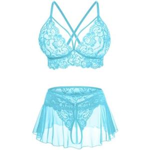 CRIPOM Sexy Lingerie for Women Naughty 3 Piece Lace Bralette, Mini Skirt with G-String Crotchless Lingerie Outfits , size M