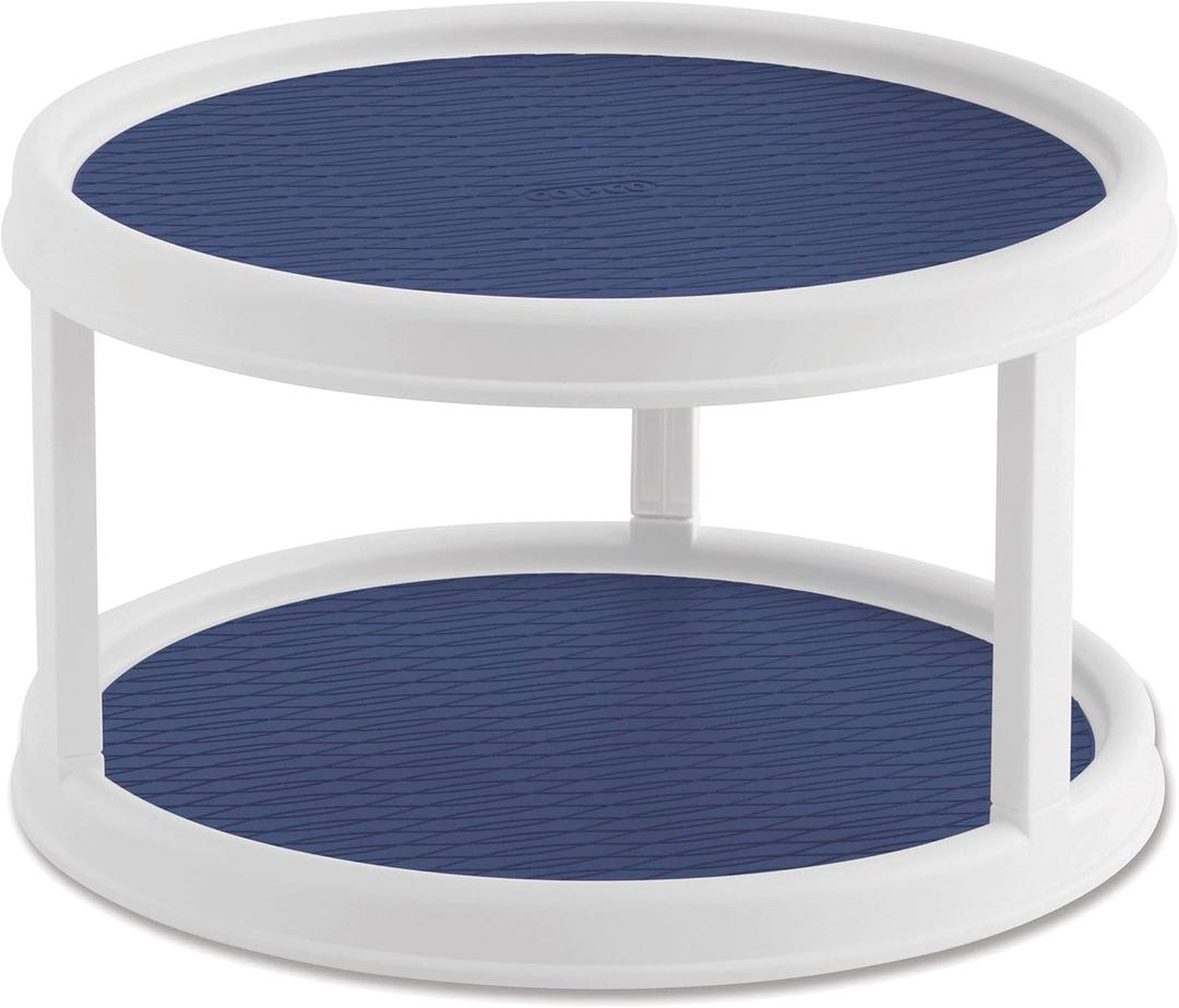 Copco Non-Skid 2 Tier Pantry Cabinet Lazy Susan Turntable, 12-Inch - Organize Kitchen, Bathroom, Home Office, Laundry Room, Garage, Craft Room - Kitchen Turntable & Pantry Organizer (White/Blue)