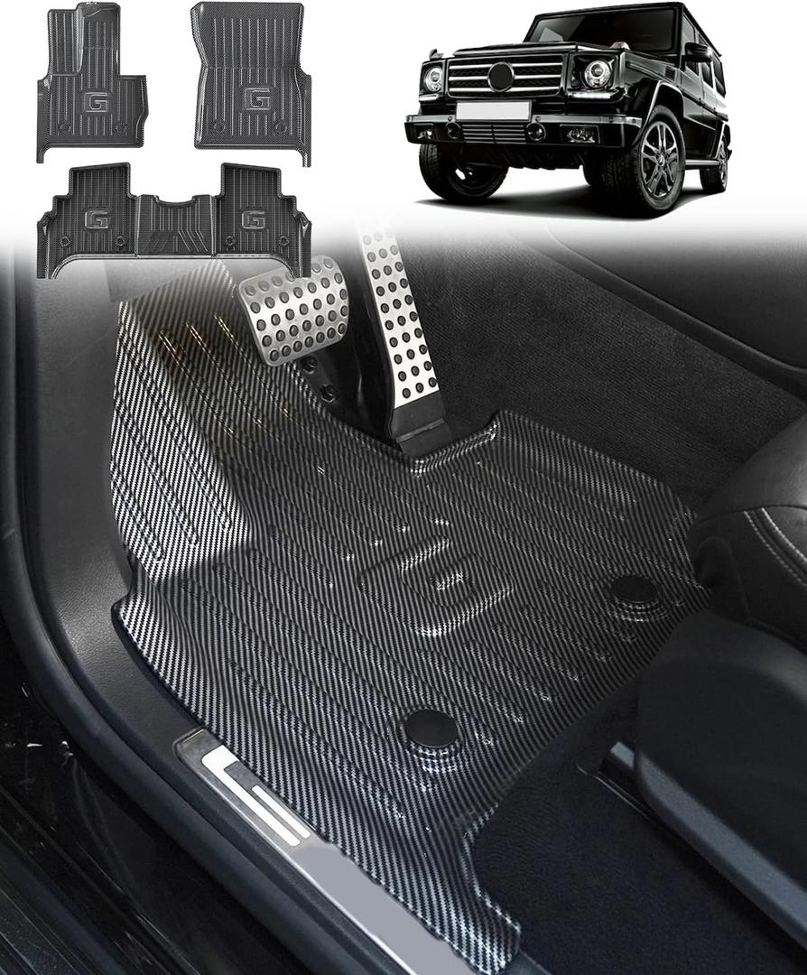 Carbon Fiber Pattern Floor Mats for 2019-2026 Mercedes-Benz G Class
G500/G550/G580/AMG G63, All Weather Protection Car Mats 1st & 2nd Row Luxury Full Set Floor Liners 3-pc, Silver