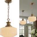 Vintage Milk Glass Pendant Light, 10.6" White Pleated Glass Chandelier, Brass Pendant Lights Kitchen Island Light Fixtures, for Dining Room, Hallway, Bar Counter, Foyer, E26 Bulb Included, 10.6In