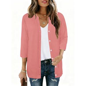 JomeDesign 3/4 Sleeve Womens V Neck Lightweight Cardigan Button Down Shirts Open Front Knit Tops Pink Small