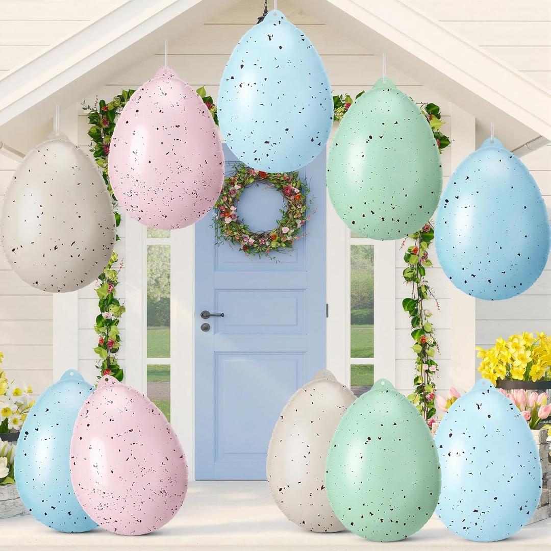 Soulchen 10 Pcs 16 Inch Inflatable Easter Eggs Decorations Outdoor Easter Inflatable Decorations Large Hanging PVC Colorful Eggs Blow up Ornament for Yard Lawn Garden Porch Party(Spotted Designs)