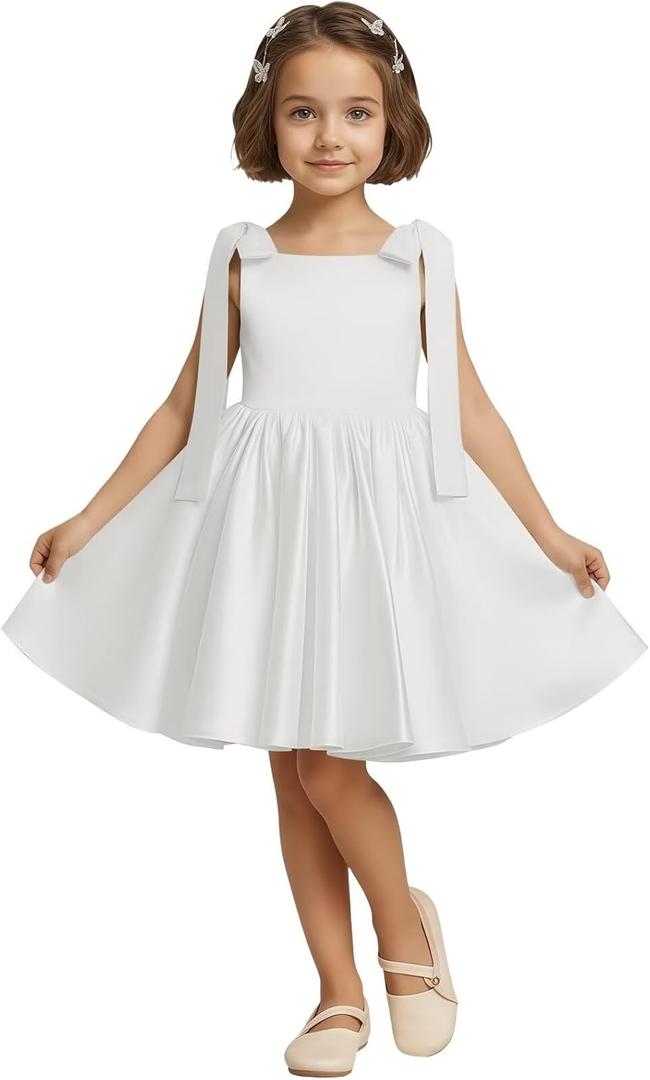 Satin Flower Girl Dress for Wedding A-Line Ribbon Straps Ball Gowns Sleeveless Princess Birthday Short Dress (8, White)