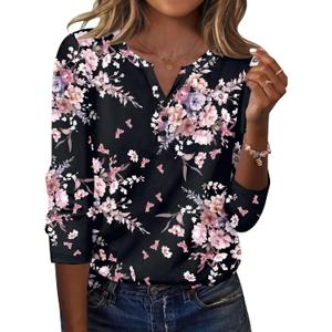 Zeagoo Long Sleeve Shirts for Women Casual V Neck Fall Tops Dressy Summer Work Blouses Clothes (Large, Floral Black)