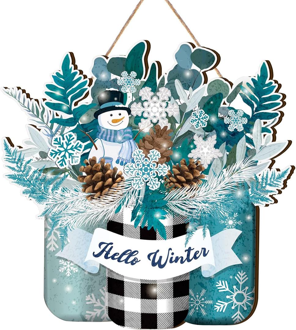 BBTO Hello Winter Door Sign Christmas Snowman Blue White Front Door Decor Winter Wood Hanging Sign Farmhouse Hanging Plaque for Rustic Porch Outdoor