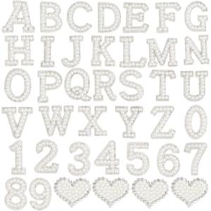 40PCS Pearl Rhinestone Letters Numbers Patches Self Adhesive Alphabet A-Z Glitter Number 0-9 Heart Pearls Repair Patch Stickers for DIY Clothing Bags Backpacks Crafts Decor (White with Silver Rhinestones)