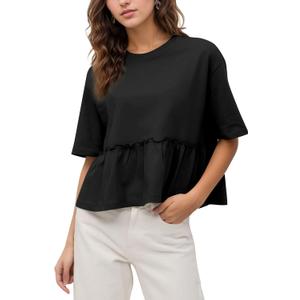 Women Summer Short Sleeve T-Shirts Oversized Dressy Casual Work Blouses Cropped Cute Ruffle Babydoll Peplum Tops (Black, L)