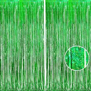 BRAVESHINE Green Metallic Tinsel Foil Fringe Curtains - 2 Pack 3.2 x 8.2 ft Metallic Photo Backdrop for Graduates-Theme/St Patricks Day/Hawaiian/Luau/Dinosaur/Jungle-Theme/Christmas Party Decorations