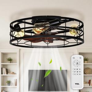 TCL 20 Inch Caged Ceiling Fans with Lights and Remote, Fandelier Ceiling Fan,Low Profile Flush Mount Fandelier, Rustic Farmhouse Style for Kitchen,Bedroom,Living Room,Easy to Install