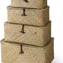 Woanger Set of 4 Wicker Storage Baskets OrganizerHandwoven Storage Bins with Lid for Organizing, Home Utility Box for Home Office Supplies Multipurpose Container(Natural Color)