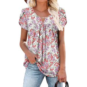 onlypuff Summer Tops for Women 2025 Cute Floral Blouses Dressy Casual Pleated Tshirts Shirts RedPurple Prints 2XL