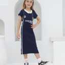 Girl's T Shirt Long Dress, Maxi Cotton T-Shirt Dress for Children Casual V Neck Short Sleeve Letter Print 4-13 Years (Blue)