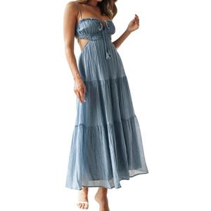 Women's Sexy Spaghetti Strap Maxi Dress Summer Sleeveless Side Cut Out Dress Casual Boho Backless Flowy Long Dresses (Medium, Blue)