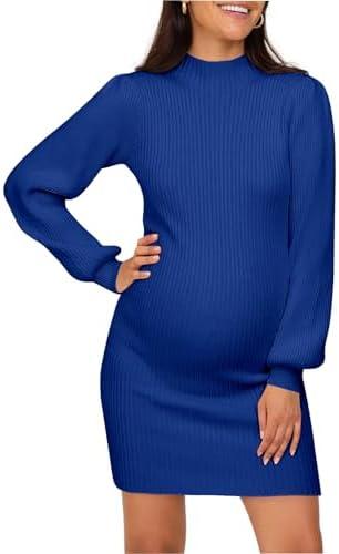 Lueluoye Maternity Sweater Dress for Pregnant Women Turtleneck Puff Sleeve Knit Slim Fit Bodycon Mini Dress S