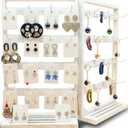Wooden Foldable Jewelry Display Stand with Removable 32 Hooks, Earring Cards necklace bracelet Keychain Showcase Merchandise Organizer For Selling For vendor events(White)