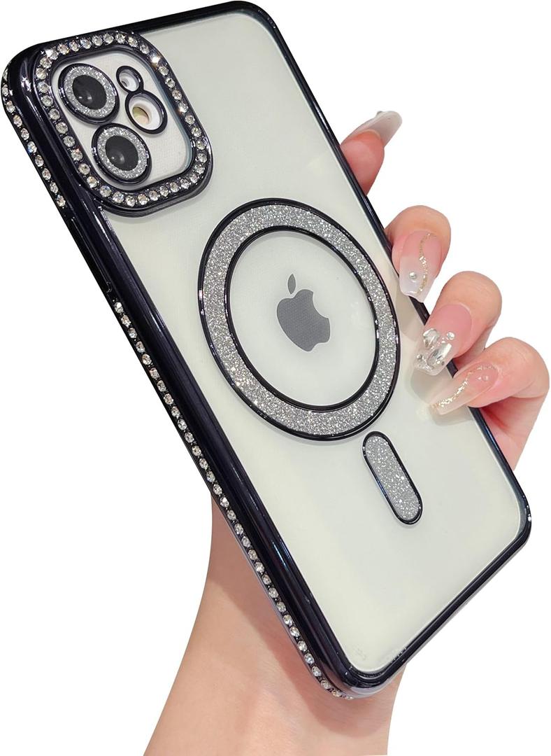 for iPhone 11 Case,Glitter Bling Clear Magnetic Compatible with MagSafe Wireless Charging (Black)