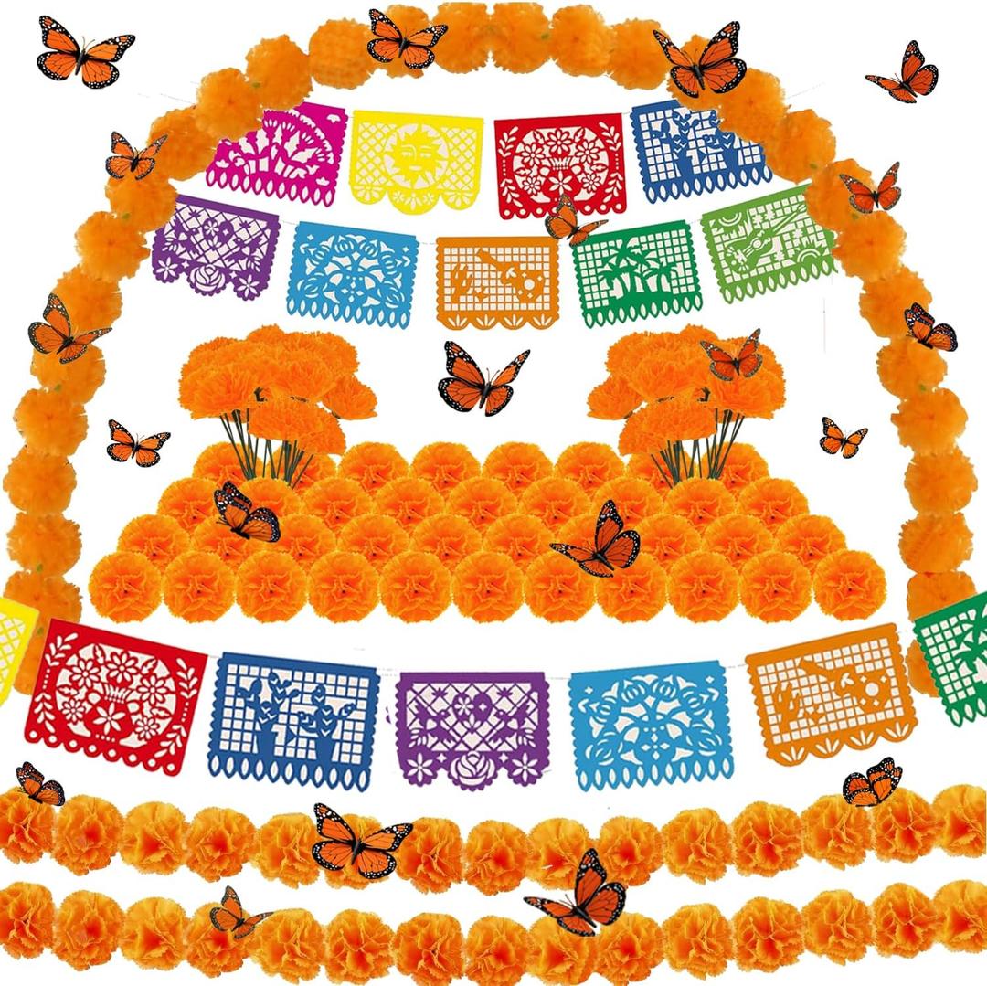 Dia De Los Muertos Day of the Dead decoration include Marigold Flowers garland Marigold Flowers Mexican Banners Monarch Butterflies for Ofrenda Altar Decor