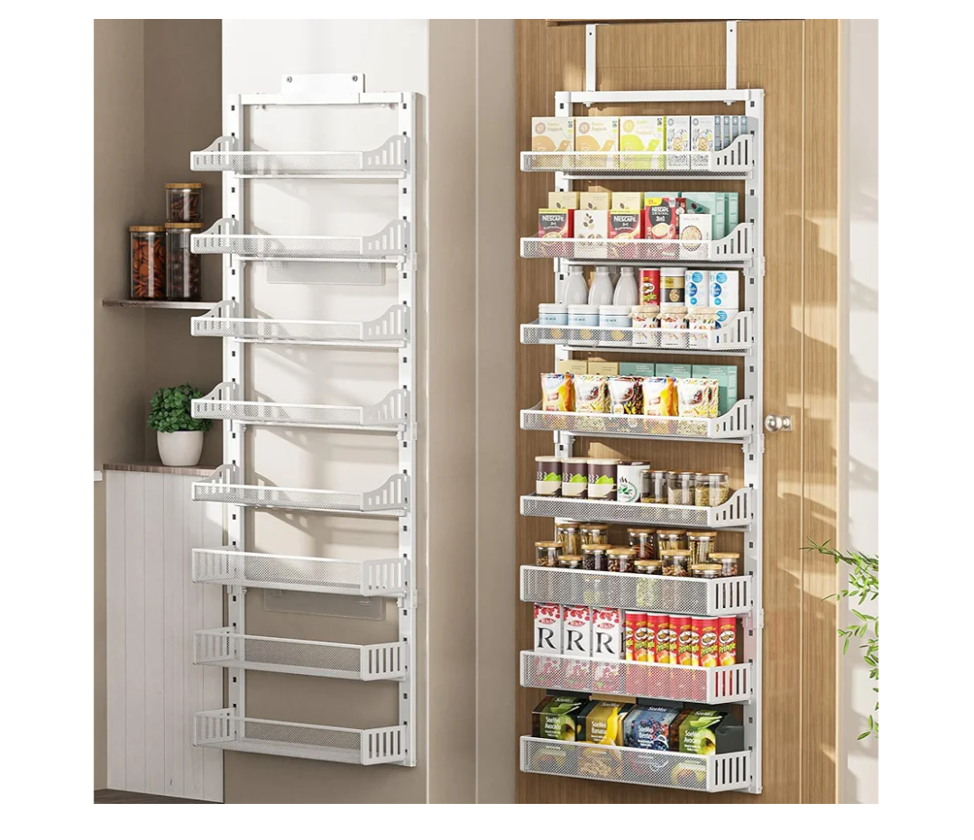 Asoibopi 8Tier Adjustable Over the Door Pantry Organizer with 2 Sets Hooks Fits Most Doors, Hanging Spice Rack for Pantry Door Organizer And Storage, White