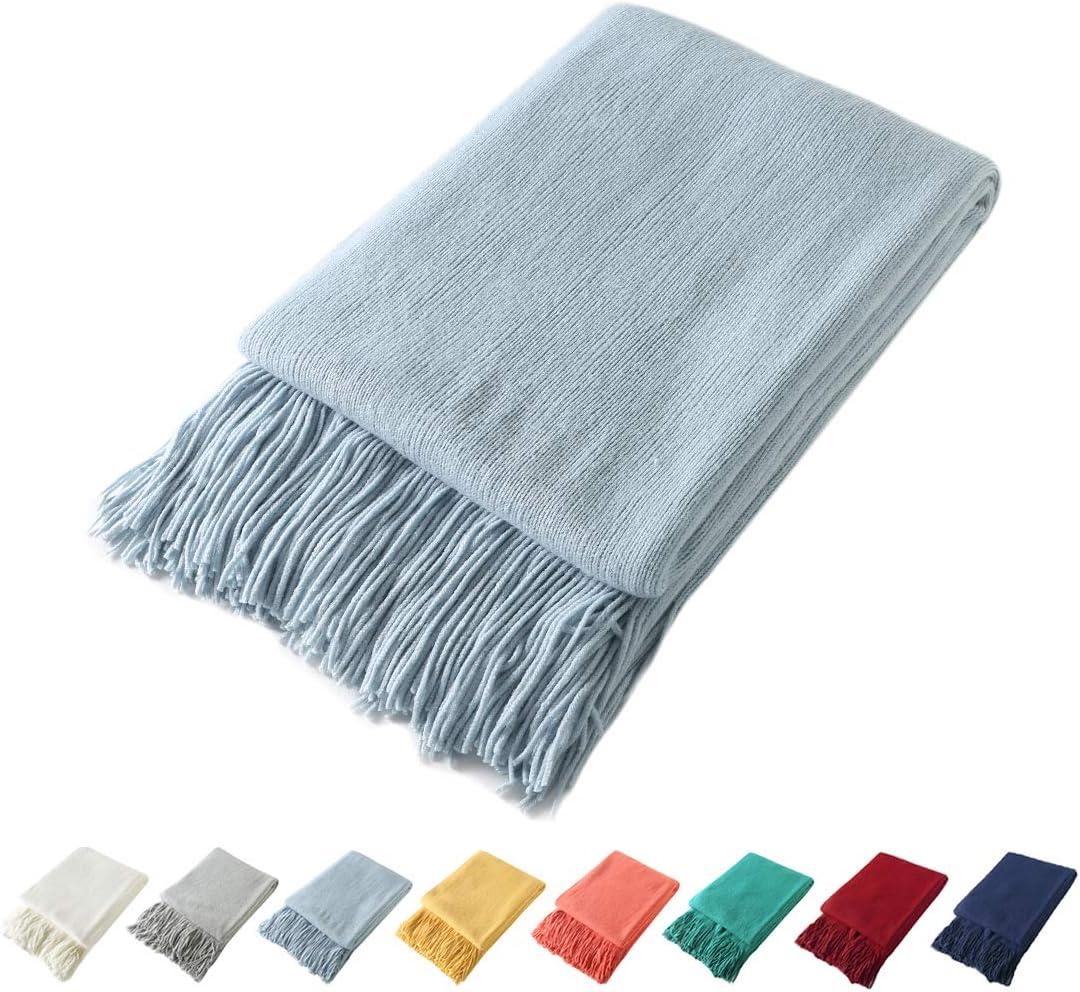 Homiest Decorative Knitted Throw Blanket with Fringe Soft & Cozy Tassel Blanket for Couch Sofa Bed (Baby Blue, 50x60)