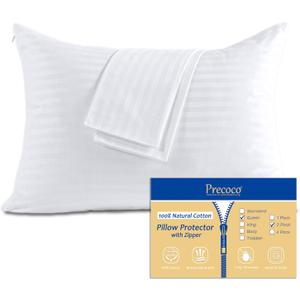 100% Cotton Pillow Protectors with Zipper Queen Size, White Pillow Cases Set of 2 for Home & Hotel, Sateen Soft Cooling Hidden Zippered Pillow Case Protector for Hair & Skin, 20x30 in