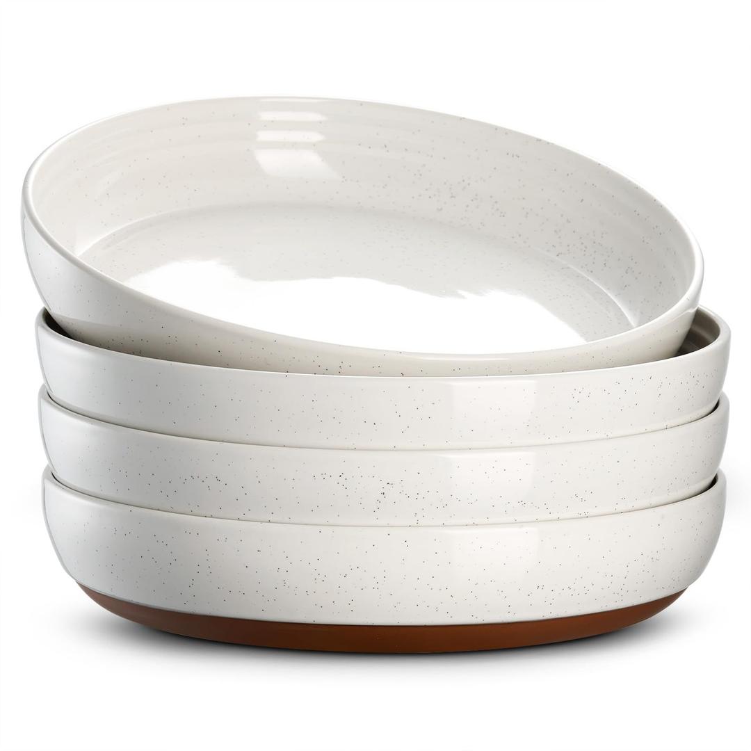 DOWAN 9.6" Ceramic Pasta Bowls Set of 4, Large Shallow White Dinner Bowls with Sesame Glaze Finish, Wide Bowl Plates for Pasta, Salad, Soup & Stew, Microwave & Dishwasher Safe, Housewarming Gift