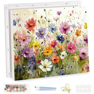 EOBROMD Framed Paint by Numbers Kits for Adults Wild Flowers, DIY Painting Kits for Adults Beginner, Painting on Stretched Canvas Oil Paint by Numbers for Home Decor Gift 16x12inch