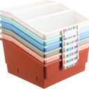 Lineshading 6 Pack Picture Book Organizer Bins with Dividers Large Plastic Book Holders with Labels Multi Purpose Classroom Organization Bins Storage Container (Boho Color,13.5 " X 13.5 " X 7.75")