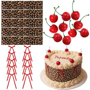 Suncalla Leopard Cherry Cake Decorations, 35 Pcs Cardboard Leopard Cake Border, Bow Toppers for Cakes and Artificial Fake Cherries Fruit Decor for Birthday Party Decorations(Red)