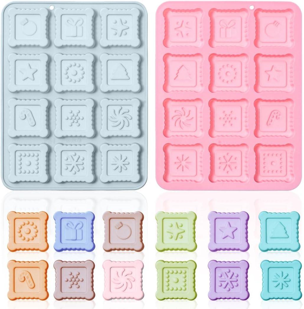 2 Pack Christmas Themed Silicone Cake Molds 12 Cavity 3D Xmas Square Cookies Biscuits Mould Tray DIY Baking Decorating Tools for Chocolate Candy Dessert Gummy Handmade Soap Clay