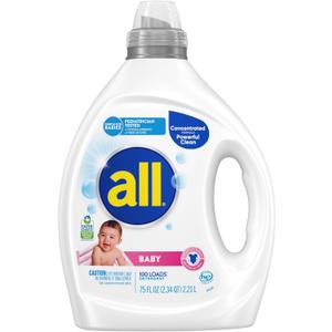 all Baby, Gentle for Baby, Liquid Laundry Detergent, Hypoallergenic for Sensitive Skin, Concentrated, 75oz, 100 Loads