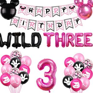 Pink 3rd Birthday Decorations Girls Wild Three Balloons Girls Three Banner for Girls Three Years Old Birthday Party Supplies Decorations