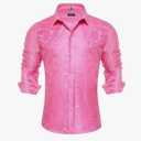 DiBanGu Silk Paisley Dress Shirts for Men Long Sleeve Button Down Shirt Casual Regular Fit Men's Shirts Wedding Party Pink L