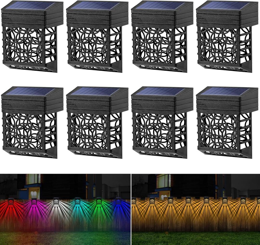 GOODFOEVER Solar Deck Lights, 8 Pack Fence Light with 2 Modes Lighting Warm White/RGB, Solar Outdoor Lights Waterproof for Wall, Fence, Patio, Stair, Landscape, Garden,Yard, Holiday Decor