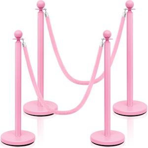 Ferraycle 4 Pcs Stainless Steel Pink Stanchions Post Queue 38 Inch, 5 ft Velvet Rope Carpet Ropes and Poles, Control Barriers for Wedding Birthday Party Decorations Sand Injection Hollow Base Set
