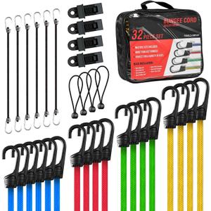 Auto Dynasty 32PCS Bungee Cords, Heavy Duty Outdoor Assorted Sizes in Organize Bag, 10" 18" 24" 32" 40" Cords with Hooks, 8" Bungee Balls, Tarp Clips