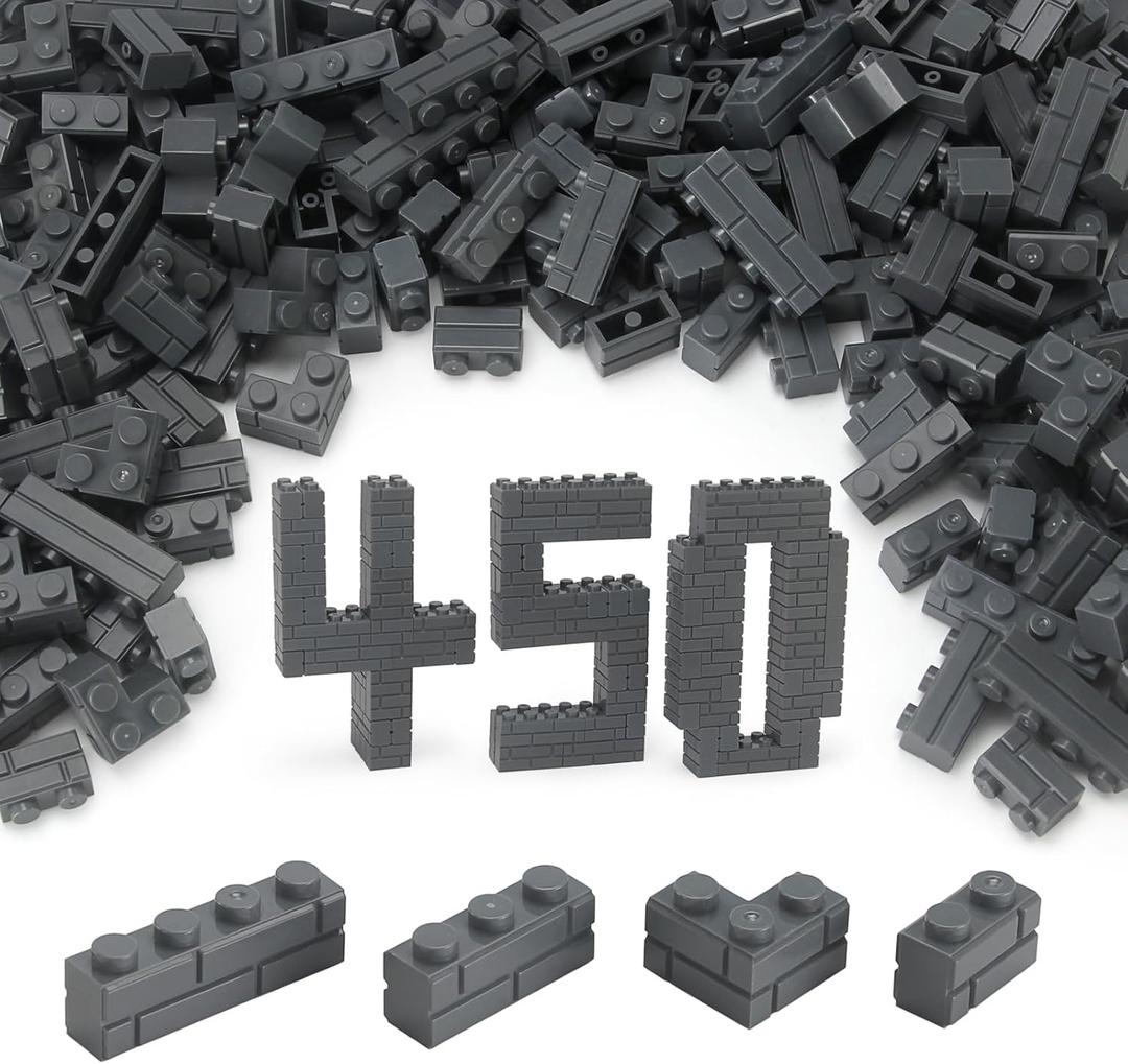 Feleph Masonry Bricks Set 450 Pcs Wall Building Accessories Diverse Creative Construction Bulk Parts and Pieces Blocks Toy Compatible with Classic Major Brands (Dark Gray)