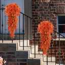 Artificial Hanging Fall Flowers for Outdoors, No Fade Faux Daisy with Eucalyptus Leaves, UV Resistant Fall Mums for Pot, Garden,Thankgiving Days, Home Decor (Orange Red, 4 Bundles+4 Hangings)