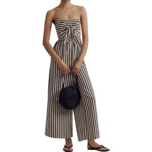 Strapless Tie Front Striped Jumpsuit Long Rompers for Women 2025 Summer One Piece Jumpsuits with Pockets Navy S