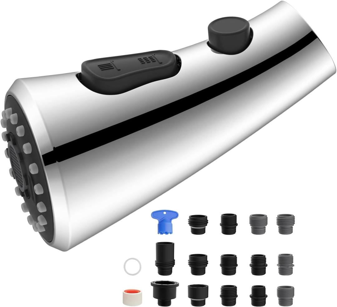 Hibbent Curved Pull Down Kitchen Faucet Head Replacement, 3-Function Kitchen Sink Spray Nozzle with 14 Adapters, Anti-Splash, Compatible with Kohler Bent Faucets, Chrome