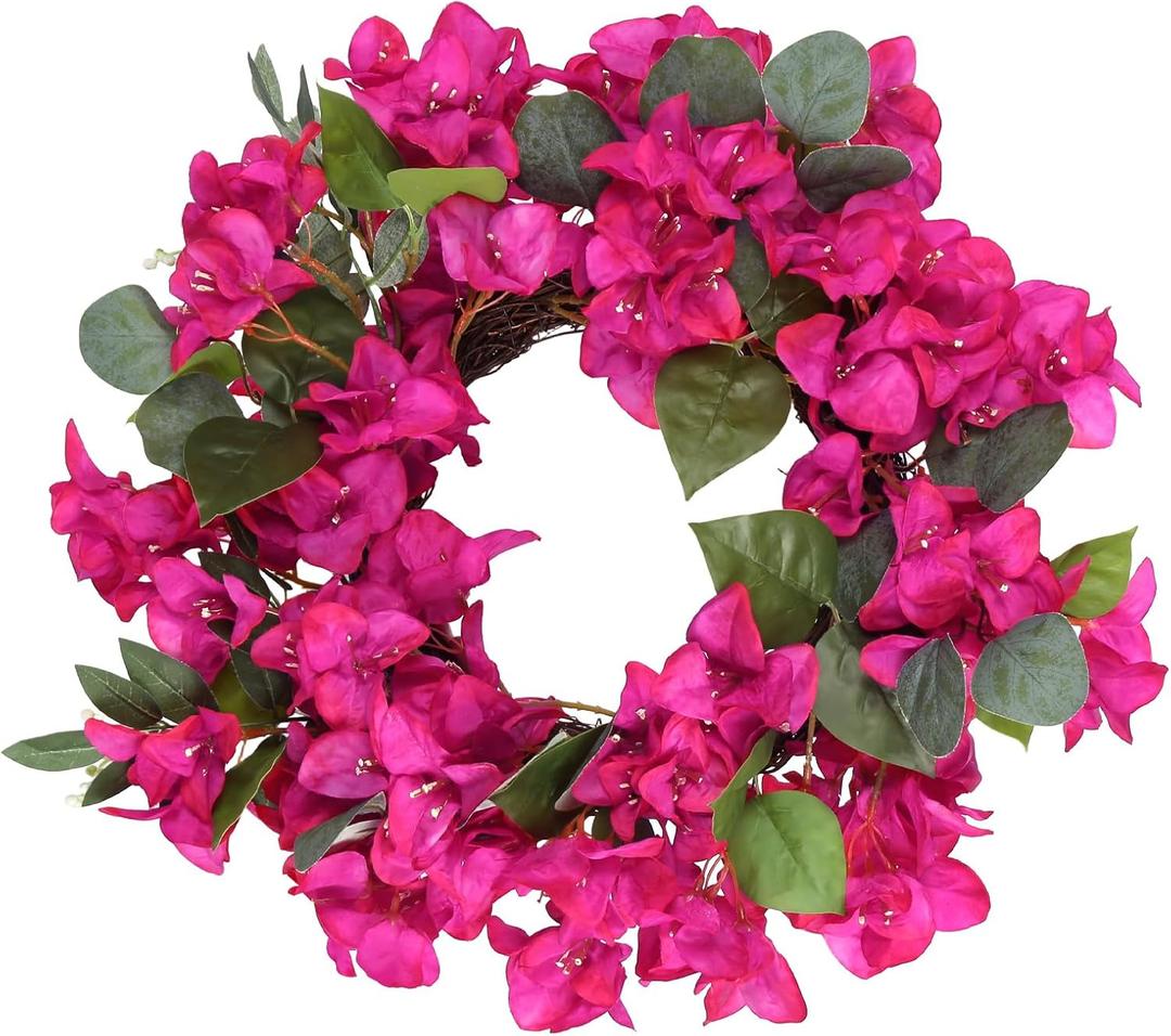 Bougainvillea Artificial Wreaths for Front Door Spring Summer Faux Silk Bougainvillea Wreath Fake Bougainvillea Flowers for Porch Wedding Home Wall Festival Indoor Outside Decor (Hot Pink)
