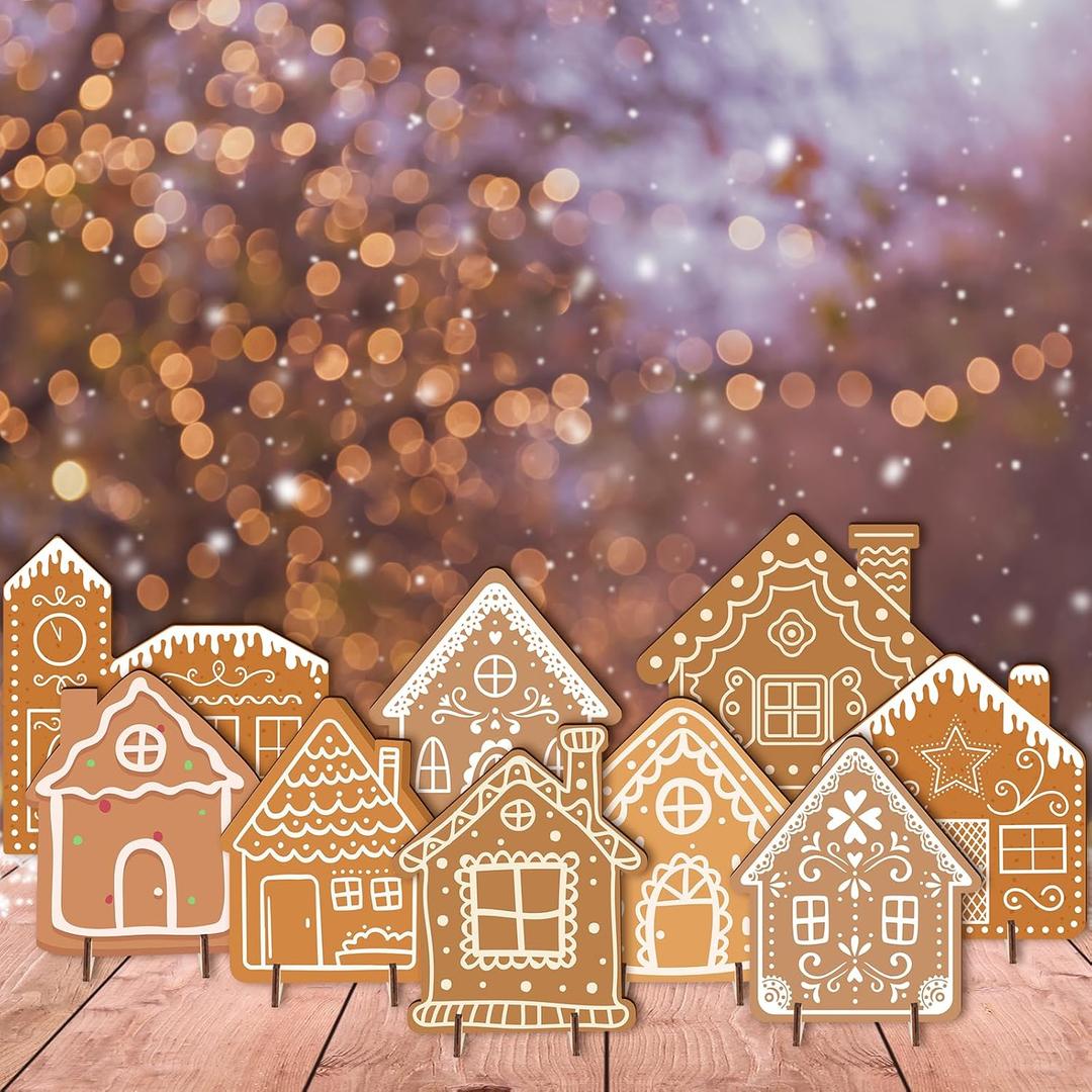 9Pcs Christmas Gingerbread House Tabletop Decorations Wooden Gingerbread Village Houses Table Centerpiece for Winter Holiday Home Office Coffee Bar Mantel Tabletop