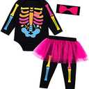 Baby Girls Newborn Skeleton Halloween Costume Outfit Funny Long Sleeve Skull Tulle Skirt Romper Set,12-18M