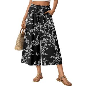 Anyhold Womens Capri Palazzo Pants Wide Leg Gaucho Pant Dressy Casual Culottes with Pockets (Black, L)