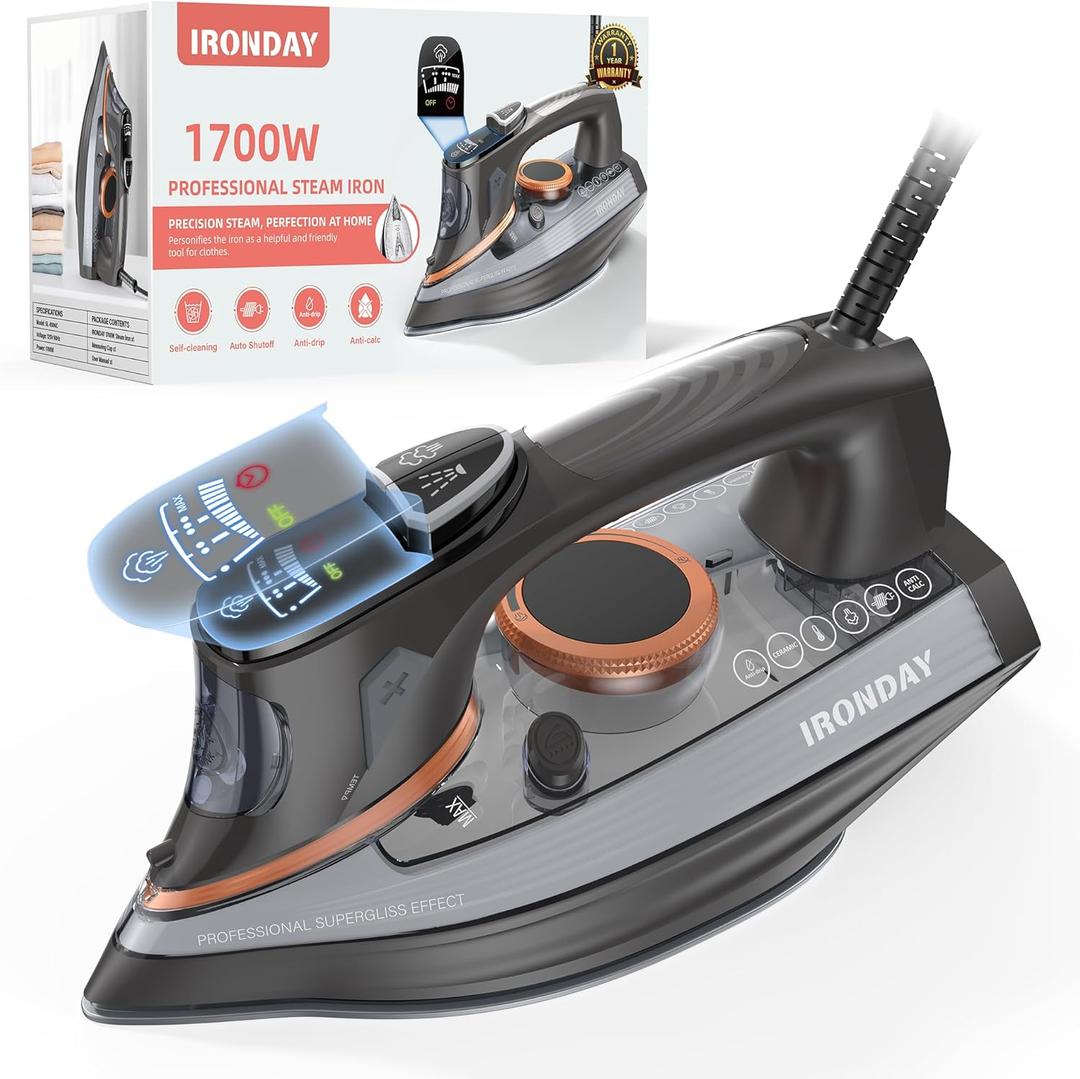IRONDAY Steam Iron for Clothes with LCD Screen, 1700W Iron Non-Stick Ceramic Soleplate, Auto Shutoff, Self-Cleaning, Anti-Drip, Steam Burst, Spray Mist 10.14oz Water Tank Ironing Clothes for Home,Grey