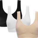 Women's Comfort Workout Sports Bra Low-Impact Activity Sleep Bras (4X-Large, 3 Pack Black White Beige)